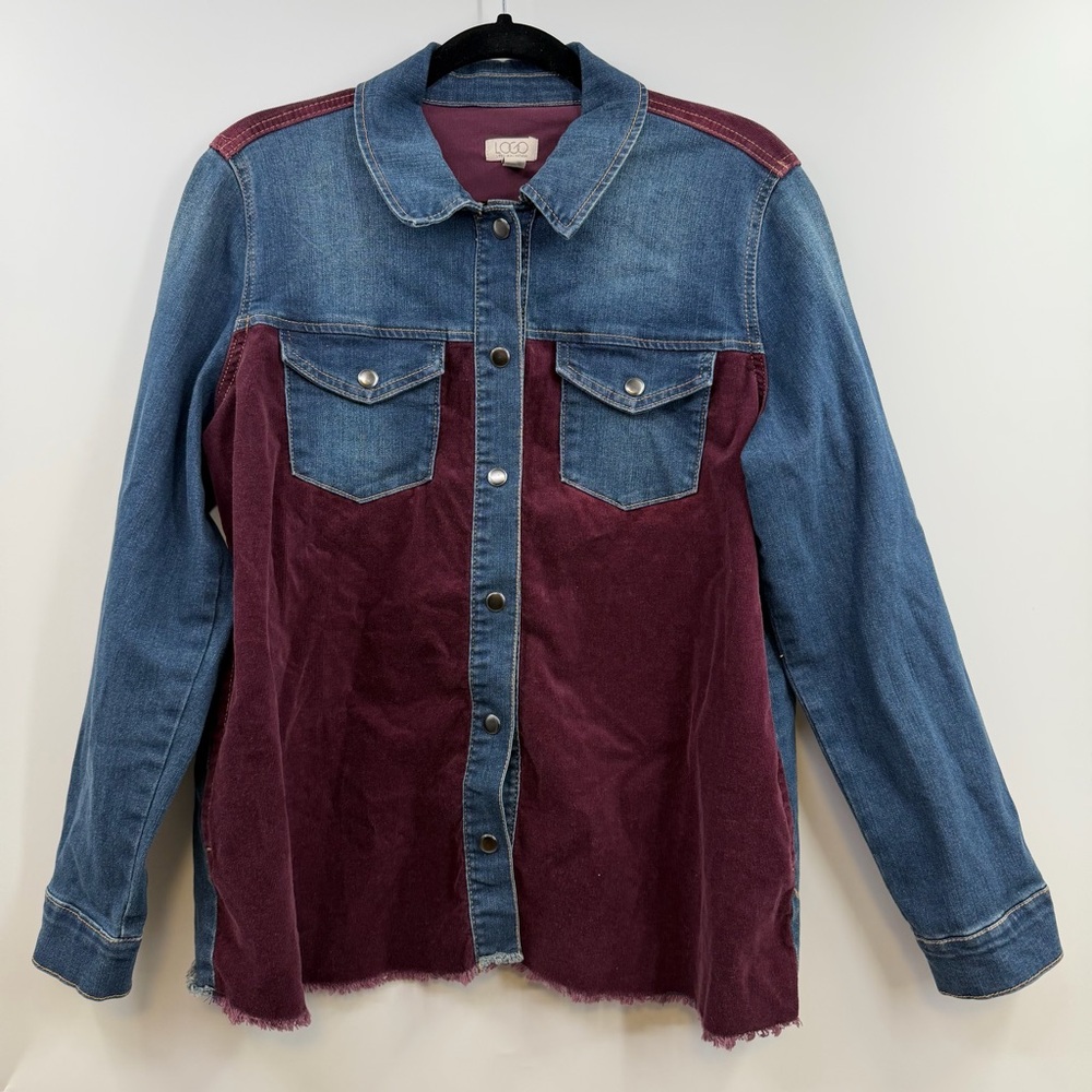 LOGO Lori Goldstein Denim Corduroy Jacket S Burgundy Colorblock Boho Western